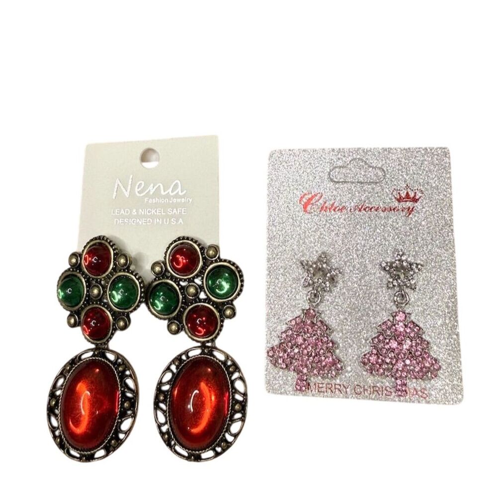 2 Christmas Tree statement Crystal Earrings bundle lot red green Dangle gift